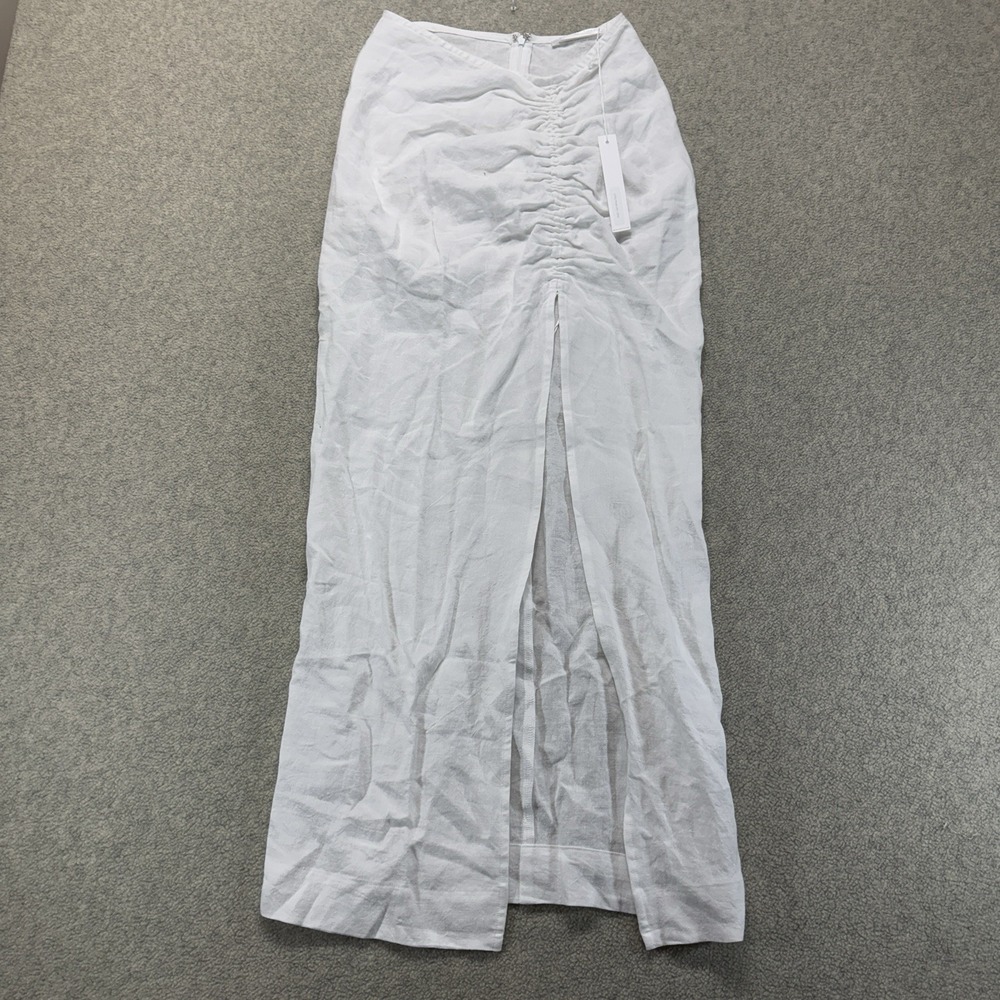 NWT Natalie Rolt Bellini Linen Maxi Skirt White Ruched Front High Slit Size 0